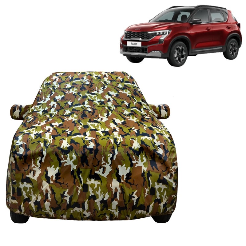 VYAS 100% Waterproof Car Body Cover for KIA Sonnet (2020-2025) with Mirror Pocket Triple Stitched Belt & Buckle Fitting Dual Elastic, Durable Material Jungle Print Camouflage Design - Image 1