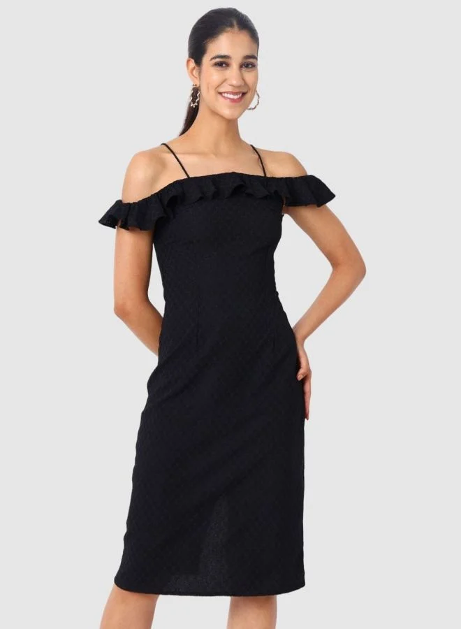 Freehand Women Regular Fit Textured Tie-up Neck Sleeveless Ruffle Dress