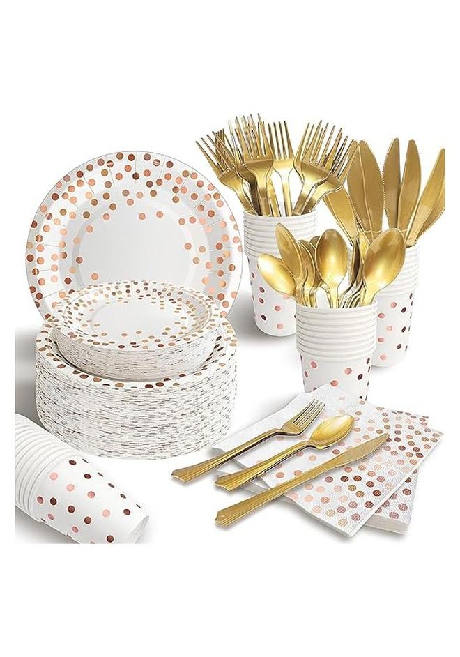 S2C 175 PCS Rose Gold Party Supplies, Serves 25 Disposable Dinnerware Set, Gold Plastic Forks Knives Spoons and Golden Dot White Paper Plates Napkins and Cups for Birthday (A-175 PCS) - Image 1
