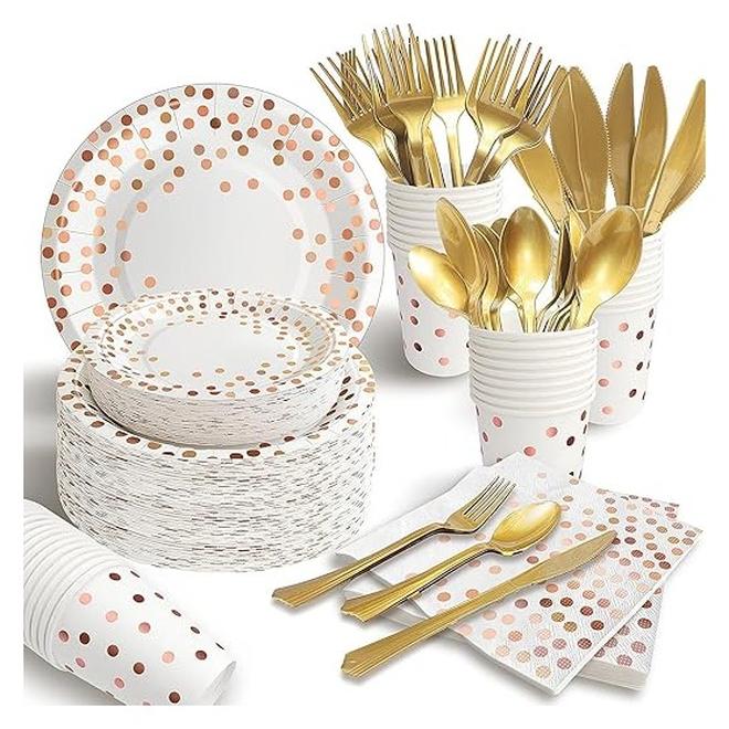 S2C 175 PCS Rose Gold Party Supplies, Serves 25 Disposable Dinnerware Set, Gold Plastic Forks Knives Spoons and Golden Dot White Paper Plates Napkins and Cups for Birthday (A-175 PCS)