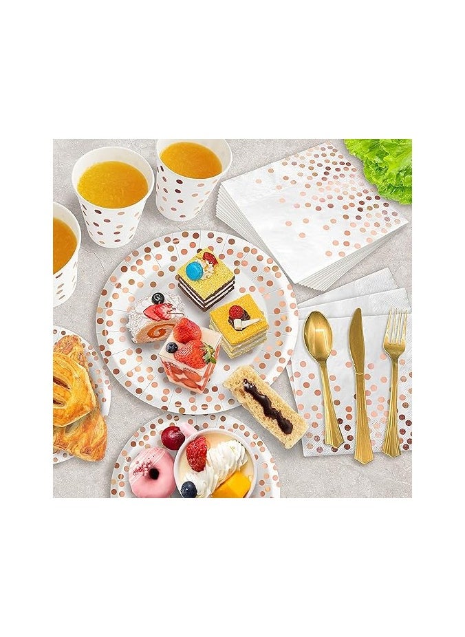 S2C 175 PCS Rose Gold Party Supplies, Serves 25 Disposable Dinnerware Set, Gold Plastic Forks Knives Spoons and Golden Dot White Paper Plates Napkins and Cups for Birthday (A-175 PCS) - pzsku/ZE3C8C40BB88618BFB2CFZ/45/_/1733814725/db9a9865-b7f3-43fa-a6bb-e73e0586bc29