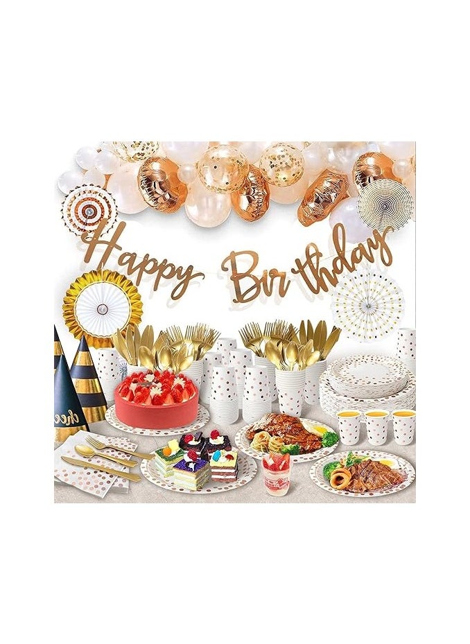 S2C - S2C 175 PCS Rose Gold Party Supplies, Serves 25 Disposable Dinnerware Set, Gold Plastic Forks Knives Spoons and Golden Dot White Paper Plates Napkins and Cups for Birthday (A-175 PCS) - Image 1