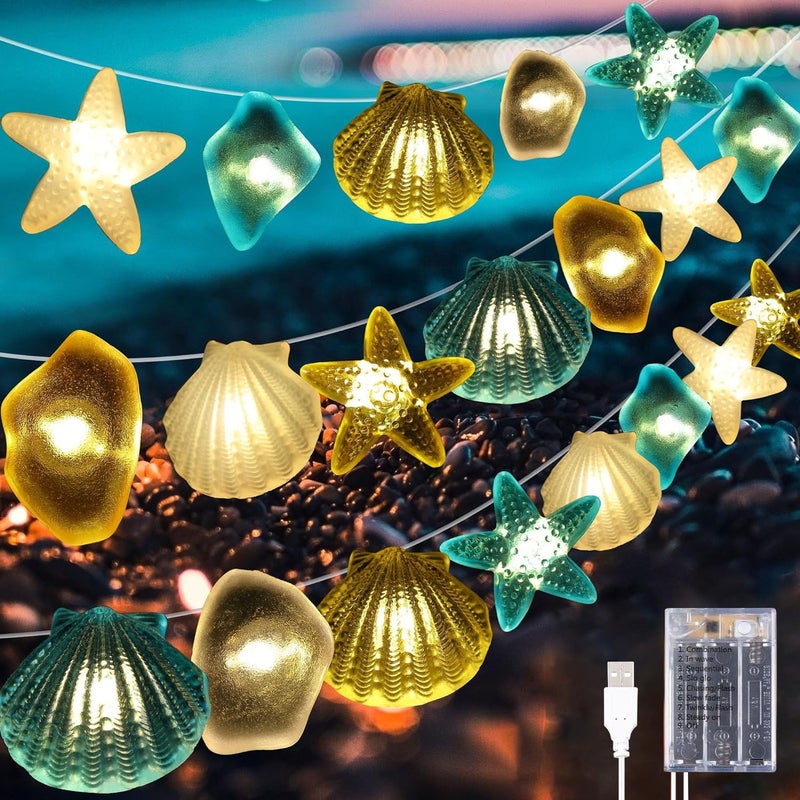 1 Pcs Ocean Beach Themed Sea Life Cute Fairy Decorative String Lights 10 FT 30 LEDs 8 Light Modes Battery Operated Starfish and Seashell Design for Summer Room Ocean Bathroom Beach Party Decor