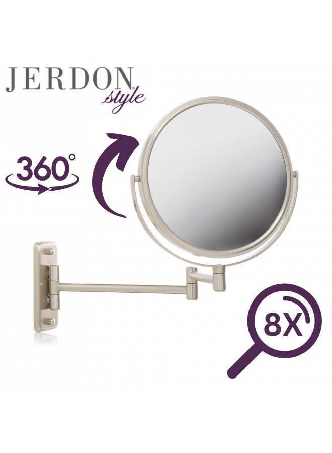 JERDON 8-Inch Two-Sided Swivel Wall Mount Mirror - Makeup Mirror with 8X Magnification & 13.5 inch Wall Extension - Nickel Finish - Model JP7808N - Image 5