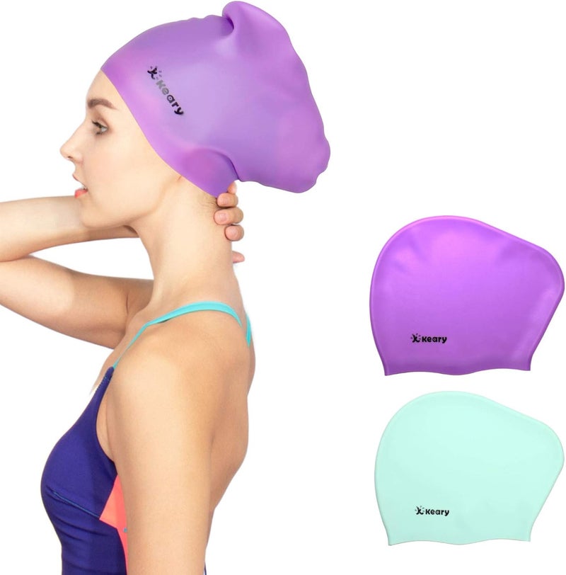 Keary 2 Pack Updated Silicone Swim Cap for Long Hair Women Girl Waterproof Bathing Pool Swimming Cap Cover Ears to Keep Your Hair Dry, 3D Soft Stretchable Durable and Anti-Slip, Easy to Put On and Off - Image 1