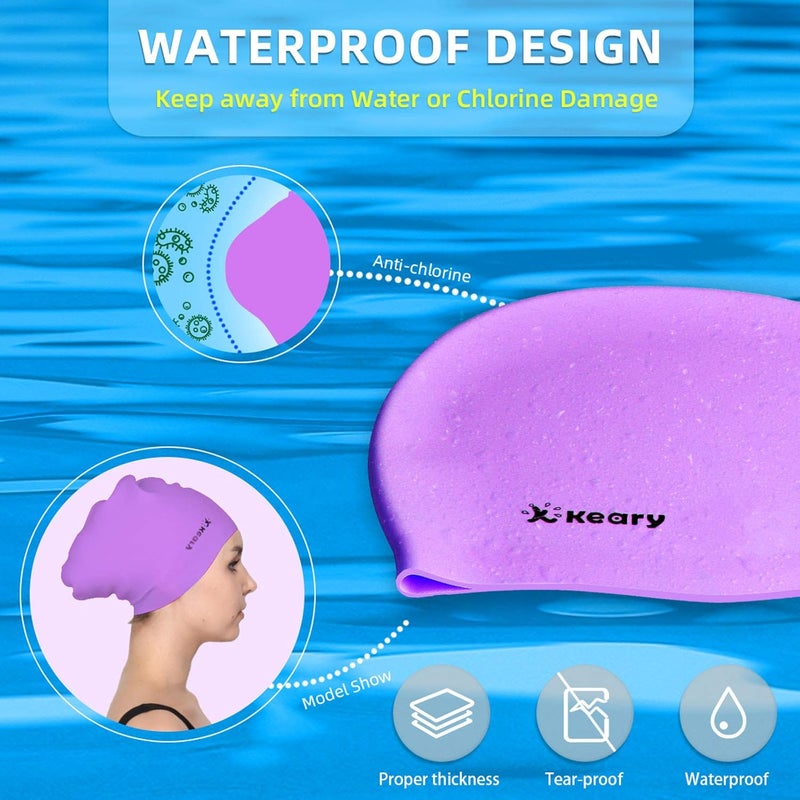 Keary 2 Pack Updated Silicone Swim Cap for Long Hair Women Girl Waterproof Bathing Pool Swimming Cap Cover Ears to Keep Your Hair Dry, 3D Soft Stretchable Durable and Anti-Slip, Easy to Put On and Off - Image 5