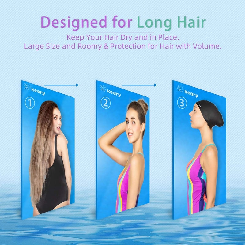 Keary 2 Pack Updated Silicone Swim Cap for Long Hair Women Girl Waterproof Bathing Pool Swimming Cap Cover Ears to Keep Your Hair Dry, 3D Soft Stretchable Durable and Anti-Slip, Easy to Put On and Off - Image 2