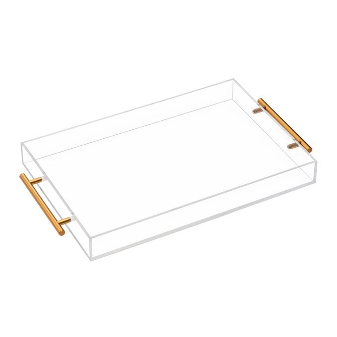 CLEAR ACRYLIC TRAY WITH METAL HANDLENO NEED TO ASSEMBLEFOR OTTOMANCOFFEE TABLE BREAKFAST TEA FOOD BUTLER DECORATIVE TRAY 12X18 INCH CLEAR