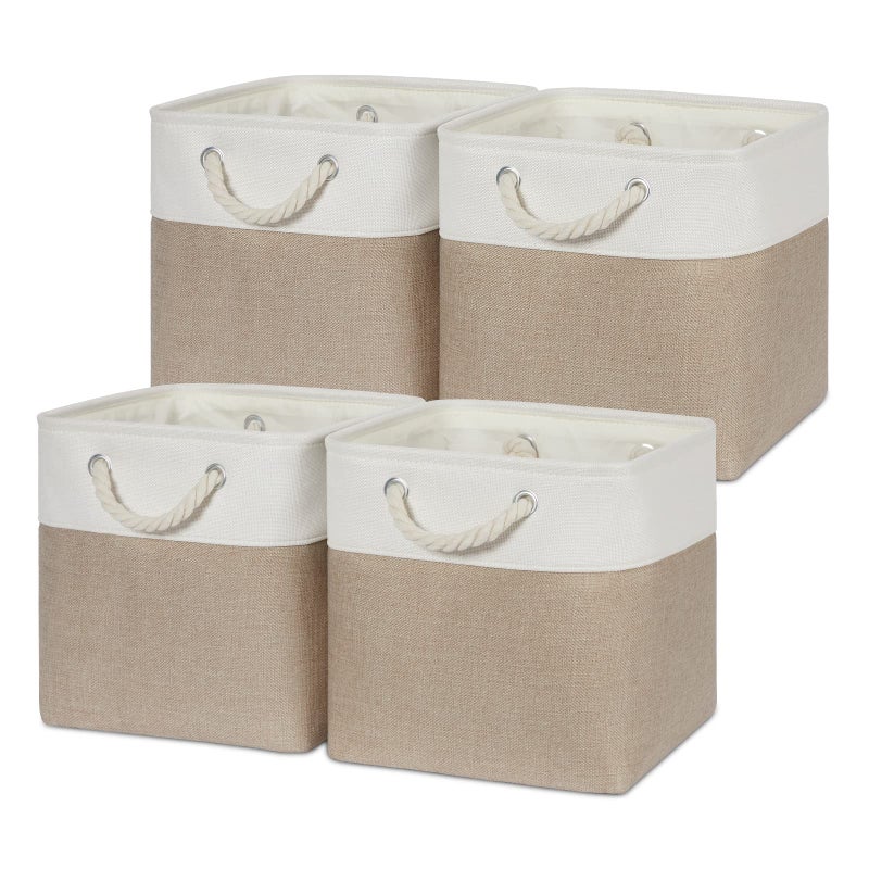 Temary Cube Storage Bins 11 x 11 Fabric Storage Baskets 4 Pack Storage Cubes Baskets for Gift Empty Cube Organizer Bins Cloth Basket for Storage WhiteKhaki