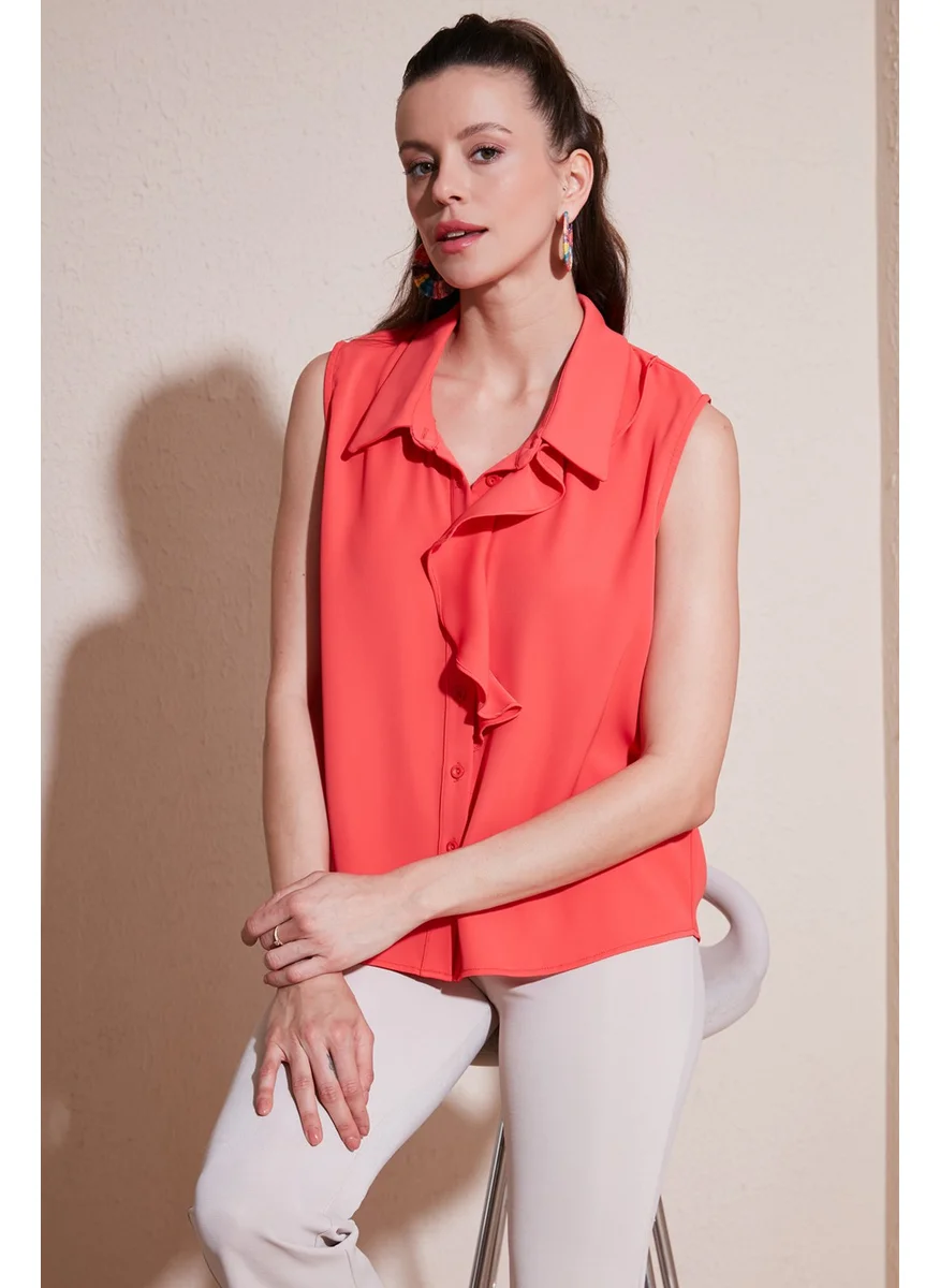 Lela Collar Flounced Regular Fit Sleeveless Shirt Women's Shirt 611GO0110