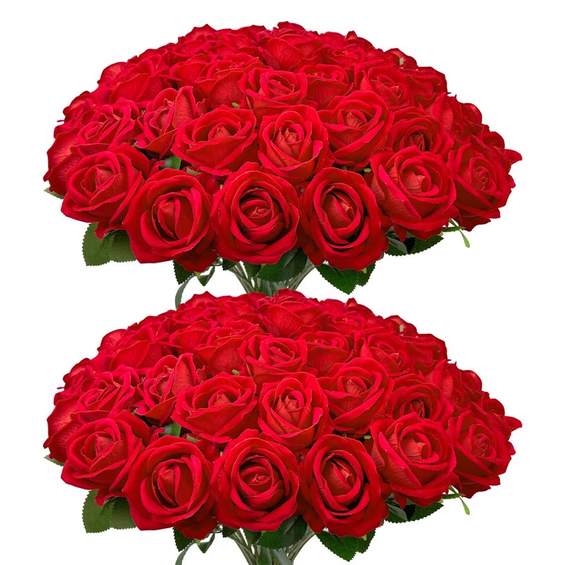 Wondrus Bulk Artificial Flowers 50 PCS, Fake Velvet Silk Red Roses with Long Stems Realistic Bouquet for Wedding Centerpieces, Faux Arrangement for Home Table Decor - Image 1