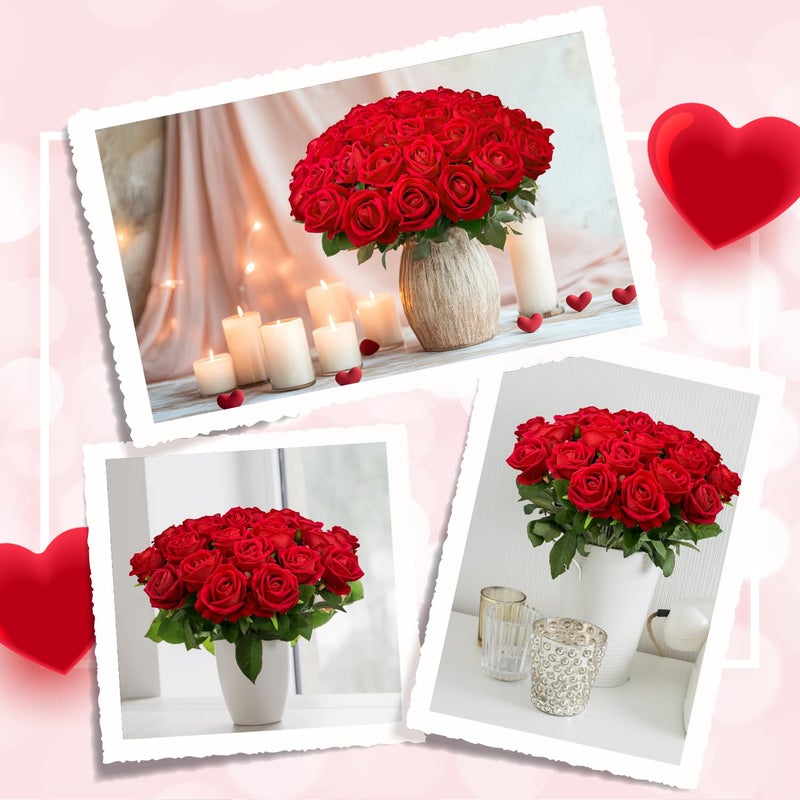 Wondrus Bulk Artificial Flowers 50 PCS, Fake Velvet Silk Red Roses with Long Stems Realistic Bouquet for Wedding Centerpieces, Faux Arrangement for Home Table Decor - Image 2