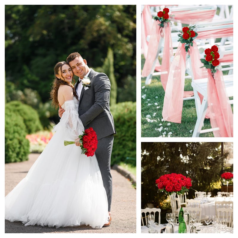 Wondrus Bulk Artificial Flowers 50 PCS, Fake Velvet Silk Red Roses with Long Stems Realistic Bouquet for Wedding Centerpieces, Faux Arrangement for Home Table Decor - Image 4