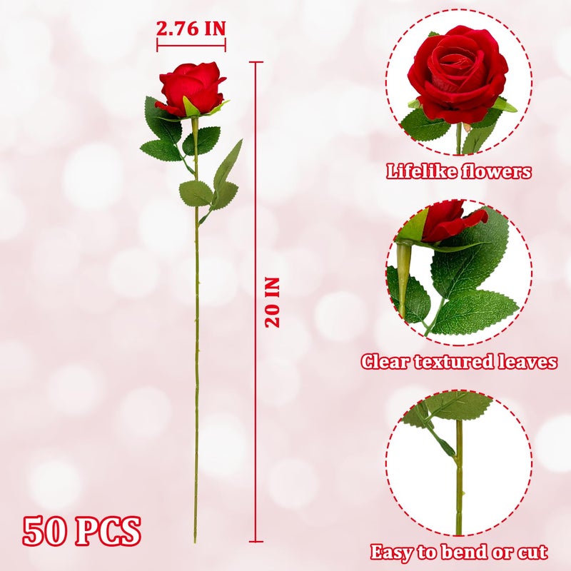 Wondrus Bulk Artificial Flowers 50 PCS, Fake Velvet Silk Red Roses with Long Stems Realistic Bouquet for Wedding Centerpieces, Faux Arrangement for Home Table Decor - Image 3