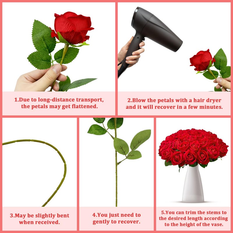 Wondrus Bulk Artificial Flowers 50 PCS, Fake Velvet Silk Red Roses with Long Stems Realistic Bouquet for Wedding Centerpieces, Faux Arrangement for Home Table Decor - Image 5