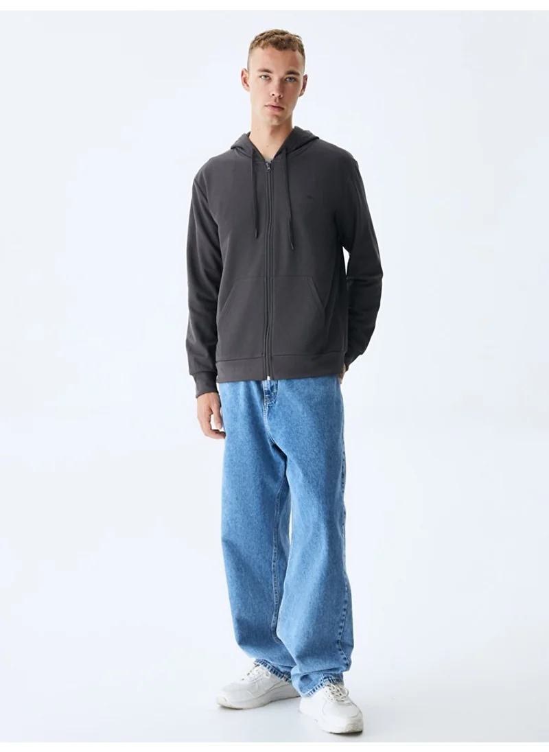 LTB Plain Hooded Zippered Regular Fit Anthracite Sweatshirt