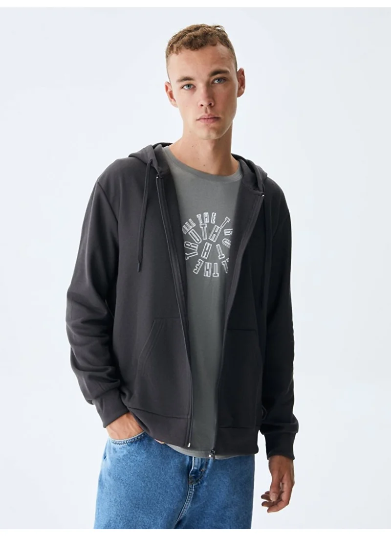 LTB Plain Hooded Zippered Regular Fit Anthracite Sweatshirt