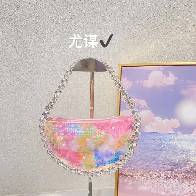 French Shiny Sequin Diamond Semicircle Box Bag Evening Party Rhinestone Bead Mobile Phone Hand-Held Hand Bag For Women - Image 1