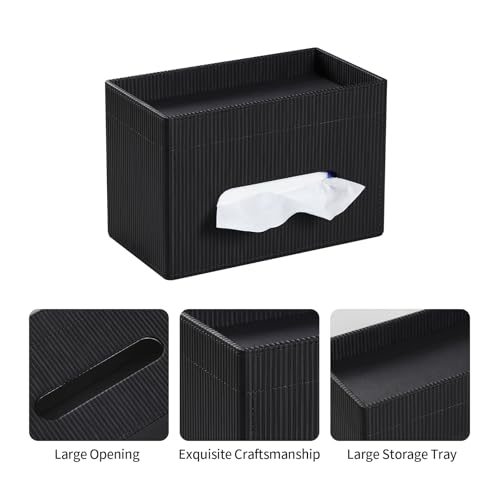 Cretkhp Tissue Box Cover Rectangle with Storage Tray, PU Leather Tissue Holder for Bathroom Vanity Countertop Night Stands Bedroom Office Desk, Stylish Rectangular Tissue Box Holder (Black) - Image 4