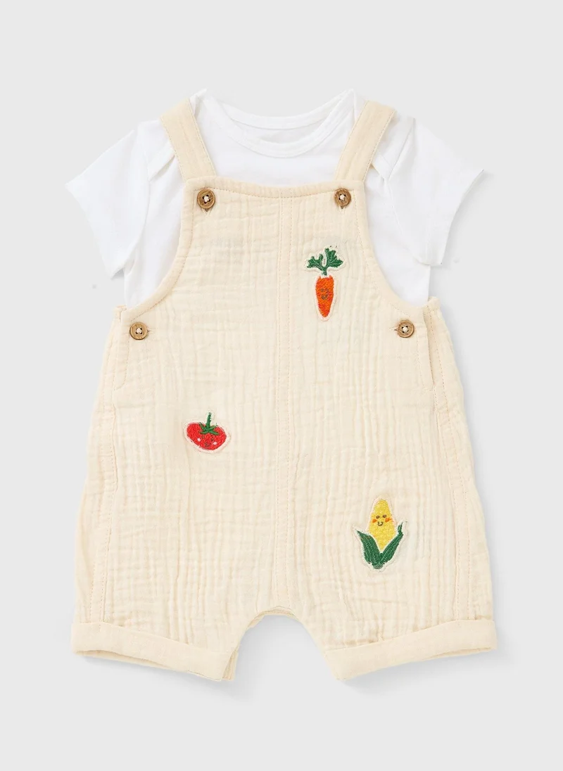 ماتلان Baby Cream Veg Embroidered Top & Romper Set