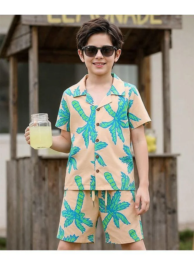 Ollington St. OLLINGTON ST. Cotton Knit Beach Theme Printed Co-Ords Resort Collar Shirt & Shorts Set - Multicolour