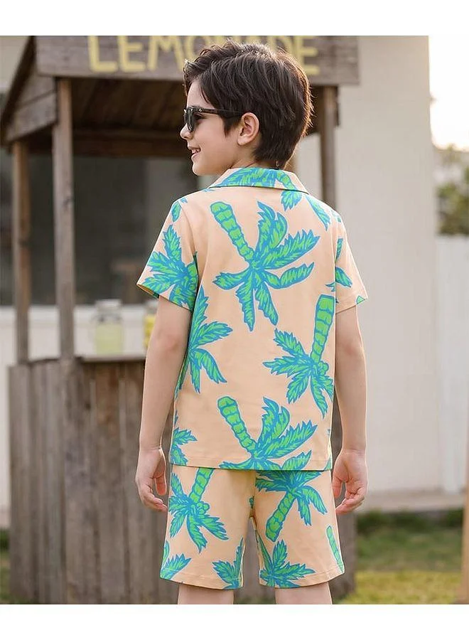 Ollington St. OLLINGTON ST. Cotton Knit Beach Theme Printed Co-Ords Resort Collar Shirt & Shorts Set - Multicolour