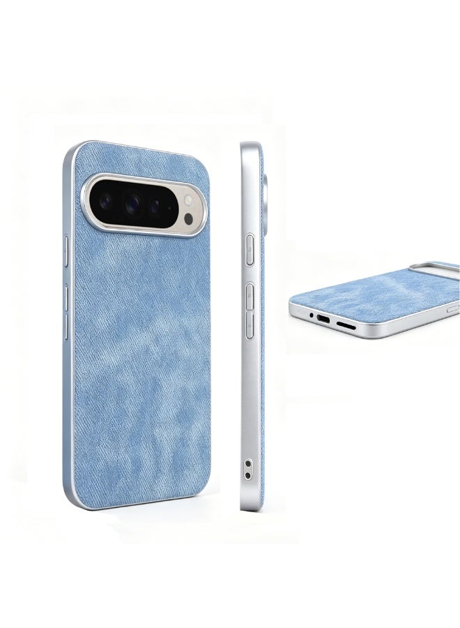 Premium Blue Textured Fabric Phone Case for Google Pixel 9/9 Pro, Anti-Slip Shockproof Slim Protective Cover with Silver Camera Frame, Full Fit & Portable - Image 1
