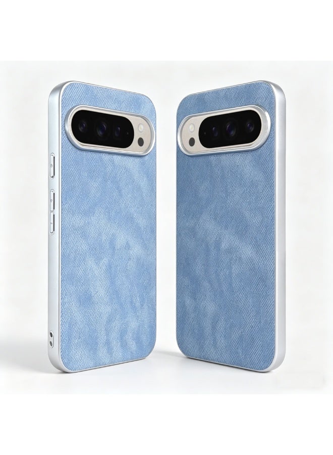 Premium Blue Textured Fabric Phone Case for Google Pixel 9/9 Pro, Anti-Slip Shockproof Slim Protective Cover with Silver Camera Frame, Full Fit & Portable - Image 3
