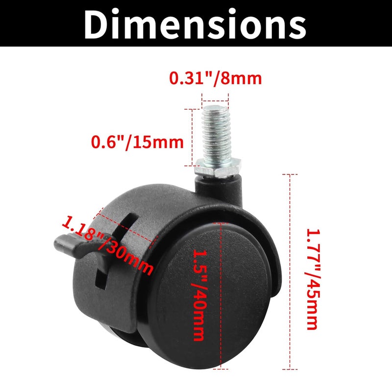 HOWDIA 4 Pack 1.5 Inch Swivel Caster Wheels for Cart, M8-1.25×15mm Threaded Stem Heavy Duty Casters with Brake, Nylon Wheels Replacement for Furniture, Table, Cabinet, Shelf - Image 2