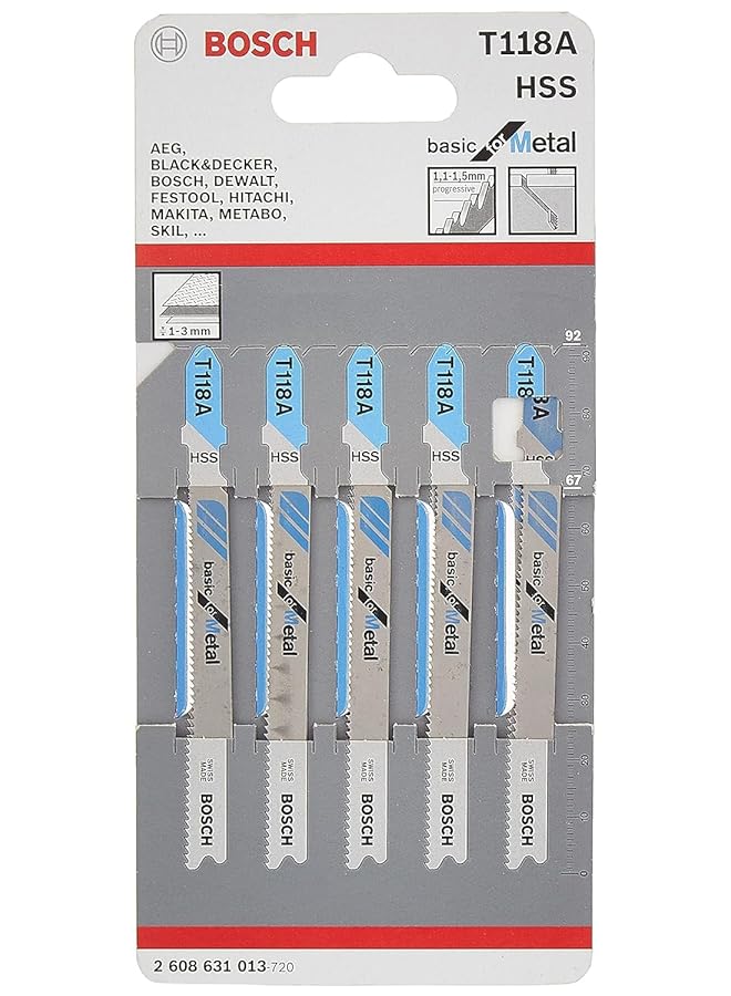 BOSCH T118 A Jigsaw Blades 92 Mm Length Hardened High Grade Hss Blade Material Is Appropriate For Cutting Non Perforated Metal Sheets Tooth Pitch 1.1 1.5 Mm Cuts Thin Solid Sheet Metals 5 Pcs - Image 1