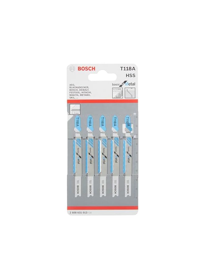 BOSCH T118 A Jigsaw Blades 92 Mm Length Hardened High Grade Hss Blade Material Is Appropriate For Cutting Non Perforated Metal Sheets Tooth Pitch 1.1 1.5 Mm Cuts Thin Solid Sheet Metals 5 Pcs - Image 2
