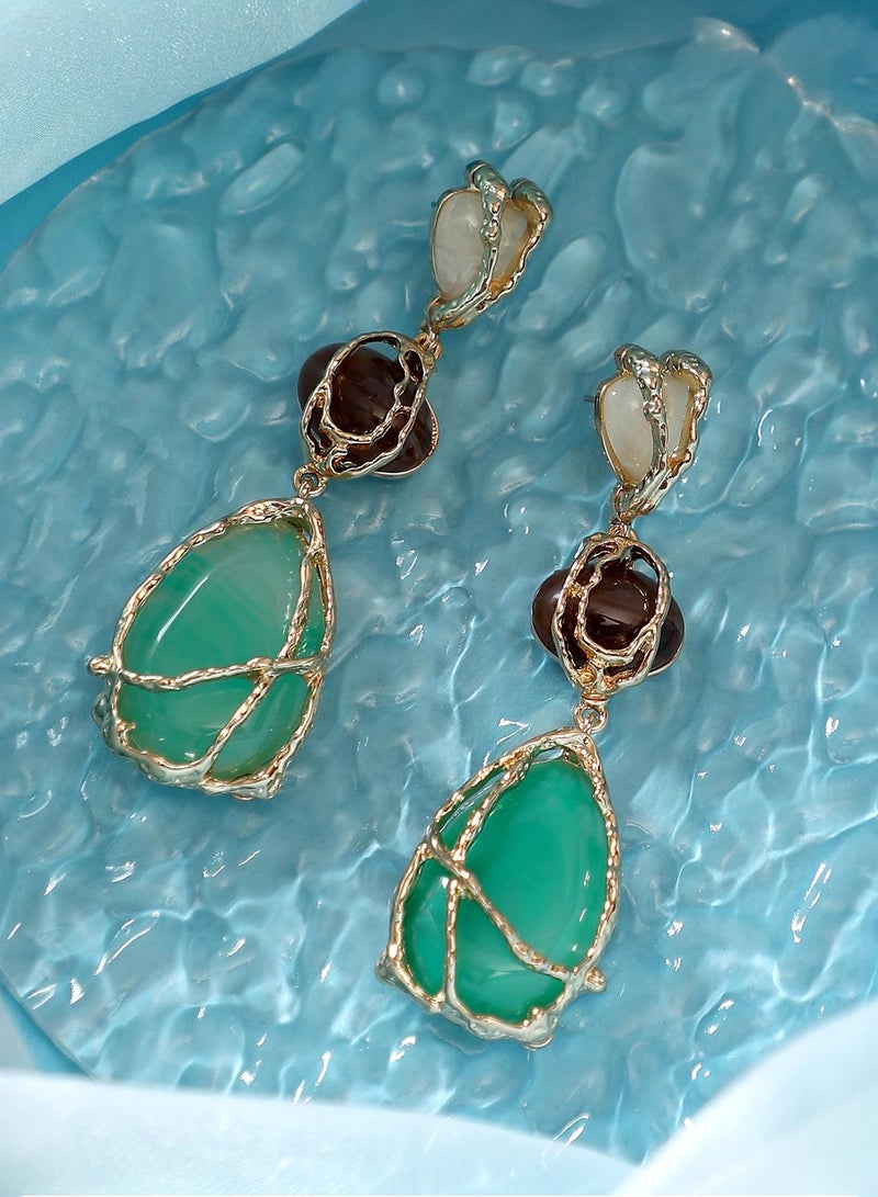 SOHI Women The Veined-Teardrop Drop Earrings | California Gold Colour | One-Size | Artificial Stone Alloy Material | Push Back Closure | Earrings For Casual & Evening Wear - Image 1