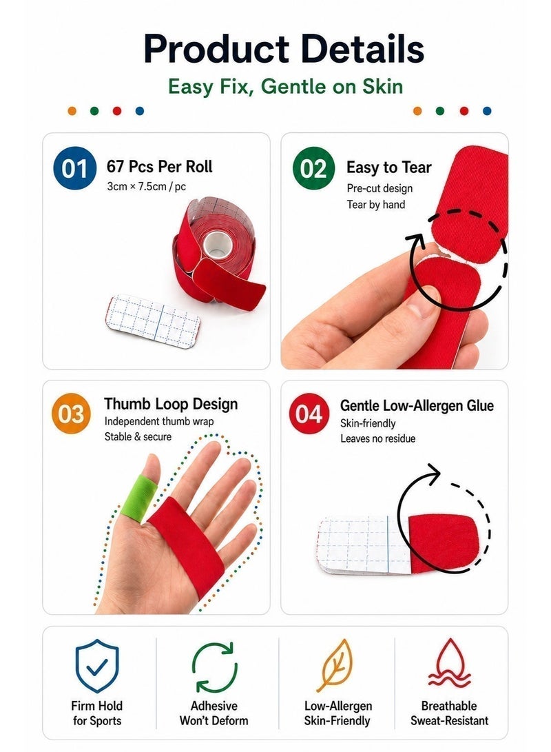 Munyee Hua Precut Finger Tape, 2 Rolls Self-Adhesive Kinesiology Tape 134 Pre-Cut Strips Breathable Elastic Finger and Palm Protection Tape 3 x 7.5 cm,  for Finger Joint Support, Padel, Climbing, Golf, Gym and Sports - Image 4