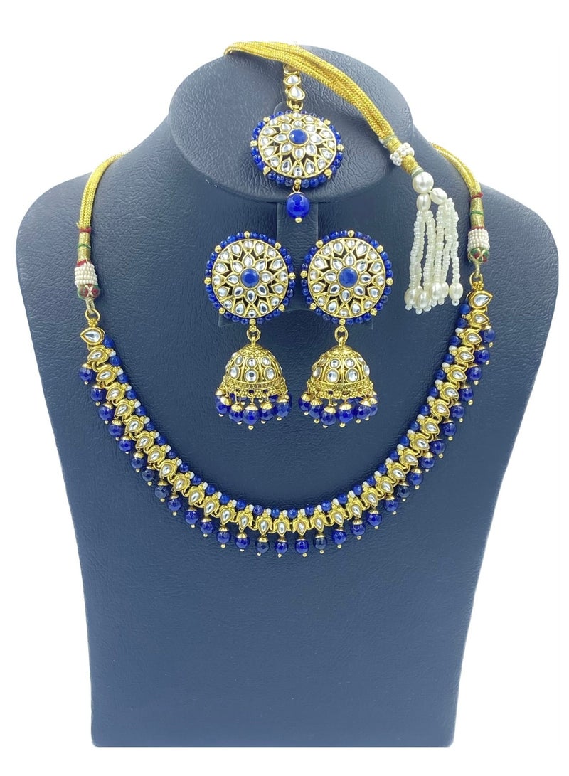 GOHONA Royal Bling Bollywood Traditional Indian Kundan Jewellery Necklace With Earrings Set and 1 Tikka in Royal blue colour - Image 2