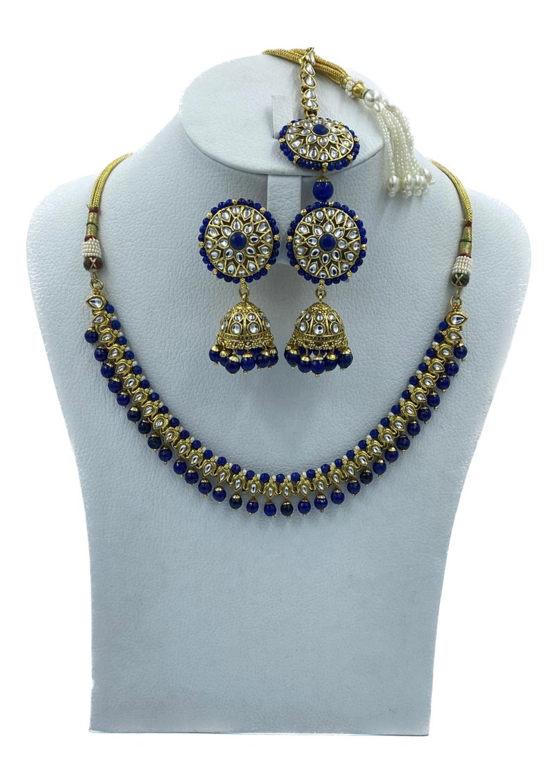 GOHONA Royal Bling Bollywood Traditional Indian Kundan Jewellery Necklace With Earrings Set and 1 Tikka in Royal blue colour - Image 1