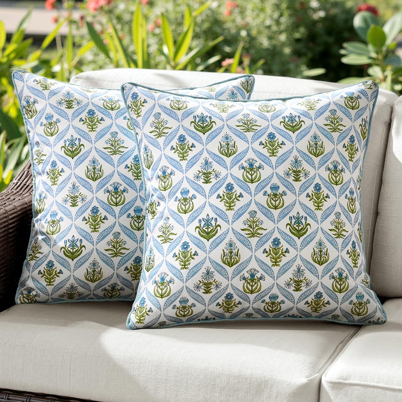 ANRODUO Floral Outdoor Pillow Covers 18x18 Waterproof Set of 2 Block Print Boho Accent Decorative Cushion Cases with Refined Edge Piping for Spring Patio Porch Garden Couch Sofa Bench Decor Blue - Image 1