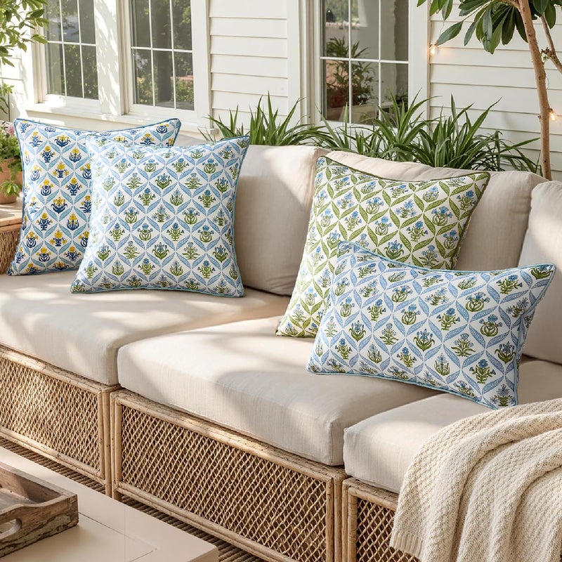 ANRODUO Floral Outdoor Pillow Covers 18x18 Waterproof Set of 2 Block Print Boho Accent Decorative Cushion Cases with Refined Edge Piping for Spring Patio Porch Garden Couch Sofa Bench Decor Blue - Image 5