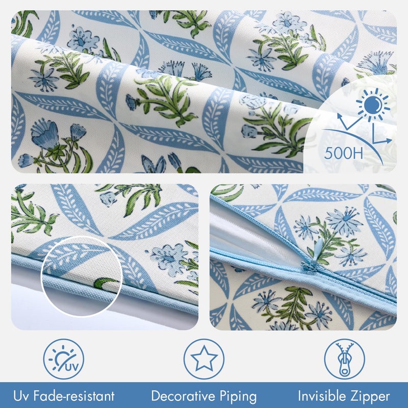 ANRODUO Floral Outdoor Pillow Covers 18x18 Waterproof Set of 2 Block Print Boho Accent Decorative Cushion Cases with Refined Edge Piping for Spring Patio Porch Garden Couch Sofa Bench Decor Blue - Image 4