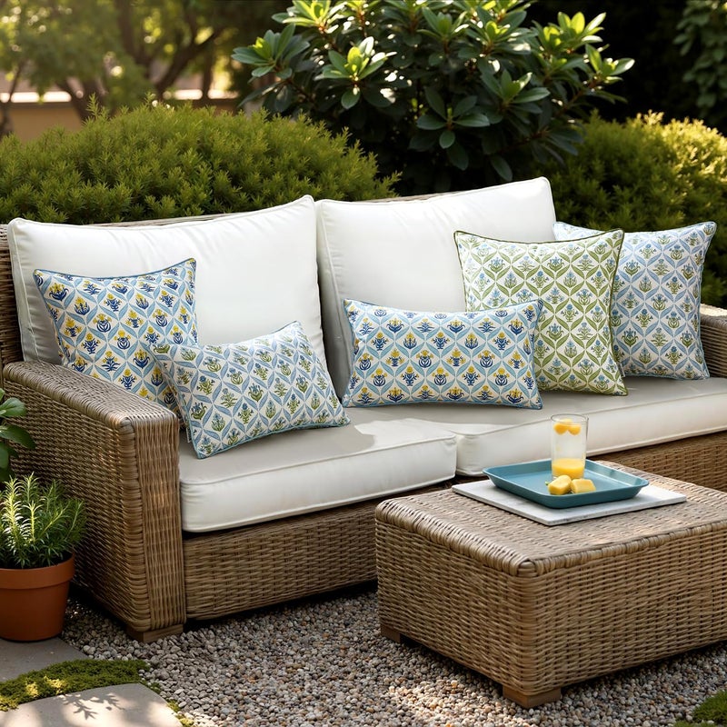 ANRODUO Floral Outdoor Pillow Covers 18x18 Waterproof Set of 2 Block Print Boho Accent Decorative Cushion Cases with Refined Edge Piping for Spring Patio Porch Garden Couch Sofa Bench Decor Blue - Image 2
