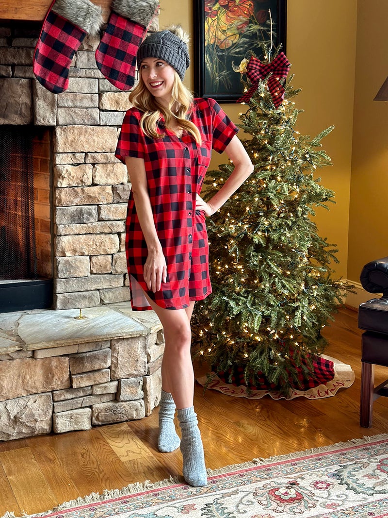 Ekouaer Women's Nightgown Night Shirt Button Up Nursing Nightgown Plaid Night Dress Sleep Gown - Image 3