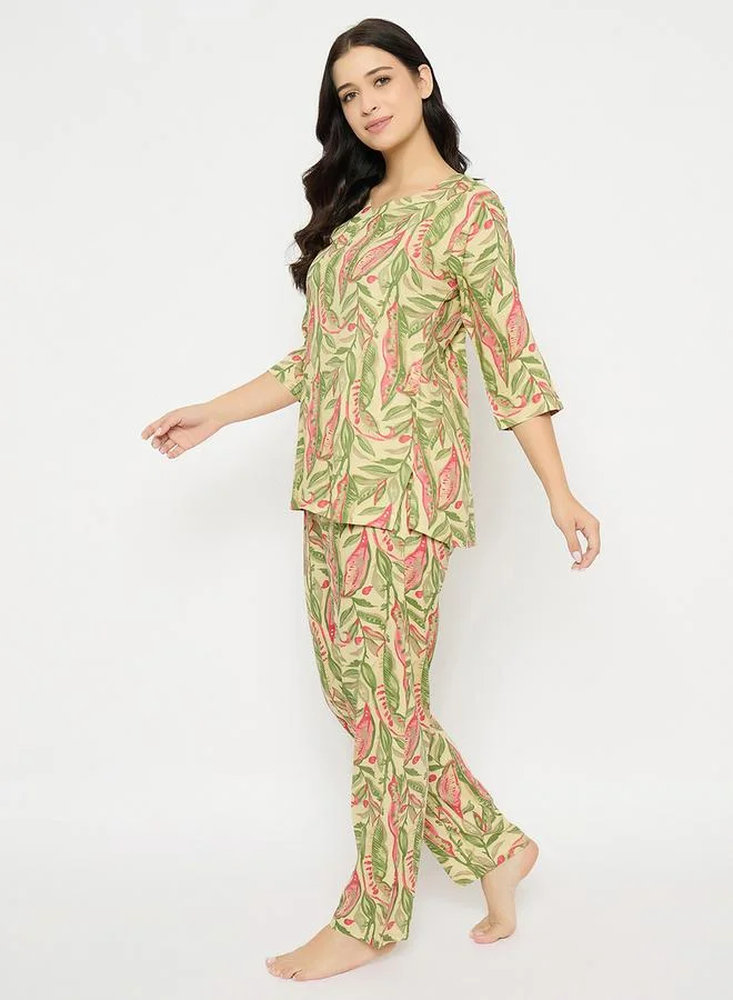 Clovia Clovia Leaf Print Notch Neck Top and Pyjama Set