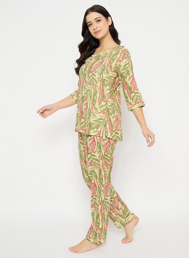 Clovia Leaf Print Notch Neck Top and Pyjama Set - Image 4