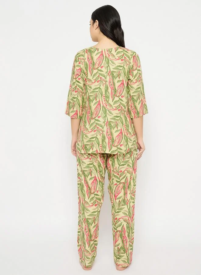 Clovia Clovia Leaf Print Notch Neck Top and Pyjama Set