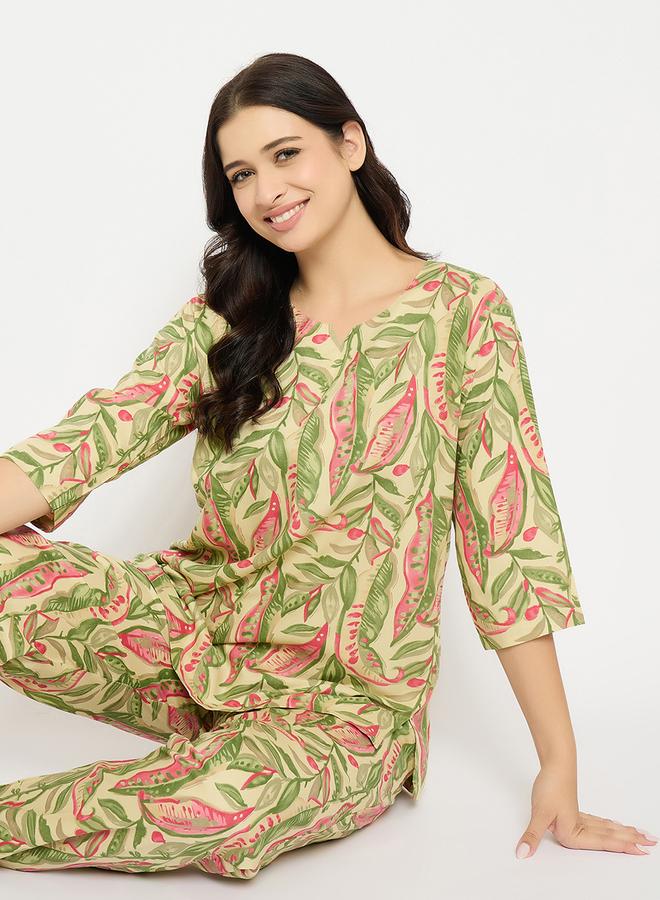 Clovia Leaf Print Notch Neck Top and Pyjama Set - Image 1