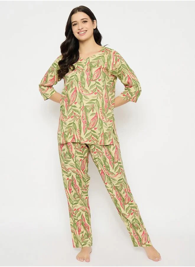 Clovia Clovia Leaf Print Notch Neck Top and Pyjama Set