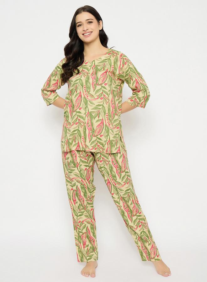 Clovia Leaf Print Notch Neck Top and Pyjama Set - Image 2