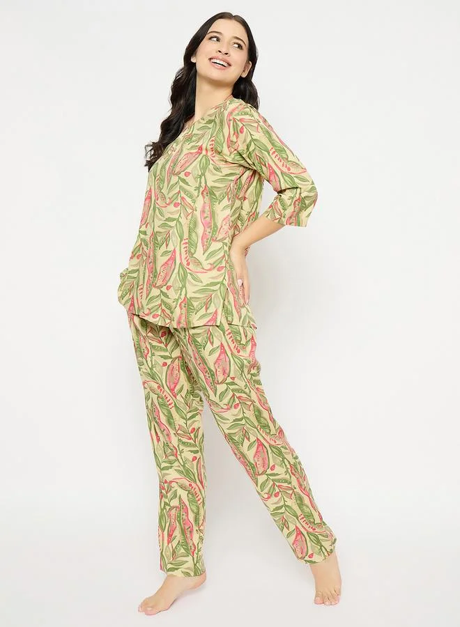 Clovia Clovia Leaf Print Notch Neck Top and Pyjama Set