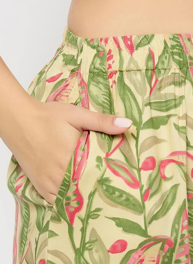 Clovia Clovia Leaf Print Notch Neck Top and Pyjama Set