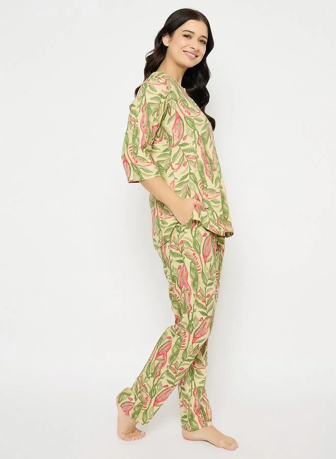 Clovia Clovia Leaf Print Notch Neck Top and Pyjama Set