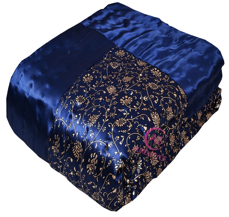 AUROSTYLE Rajasthani Cotton Filled Light Weight Silk Soft Jaipuri AC Quilt/Razai Dohar Over All Floral Print Design with Gold Print Quilts Blankets for Home (85x55 Inch,Blue Jaal Print, Single Bed) - Image 1